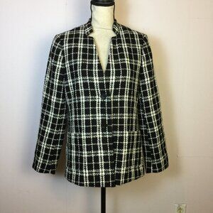 Banana Republic Boucle Tweed Blazer Jacket Sz M Woman Black White Plaid 2-Button